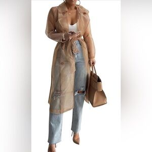 JLUXLABEL Sheer Mesh Belted Trench Coat